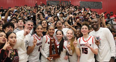 Gateway celebrates its second regional girls basketball championship with its loud student section crowd after Friday's 61-51 win over New Smyrna Beach. (Photo/Ken Jackson)