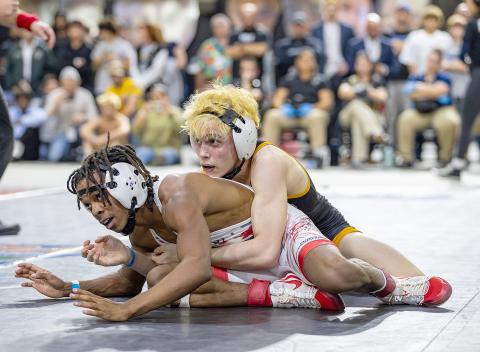 The last time Harmony's Nathan Lyttle took to the mat at the Silver Spurs Arena he he outlasted Lake Mary’s Damonyai White, 2-1, to win the Class 3A 113-pound state championship.  (File Photo)