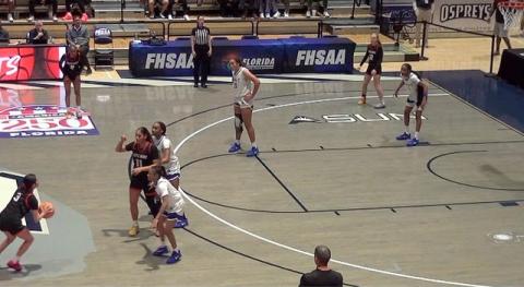 Gateway point guard Alyssa Marino launches — and makes — a three-pointer from way (way, way) downtown at the buzzer to close the Gateway season and her career, which ended with a 54-41 loss to Pensacola Washington in the Class 5A state semifinals. (Photo/NFHS) 