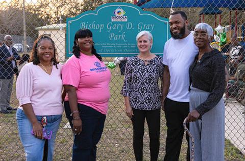 Osceola County Commissioner Cheryl Grieb with the Gray family at Thursday's official dedication of Bishop Gary D. Gray Park at Marydia Neighborhood Park. (Photo/Osceola County)