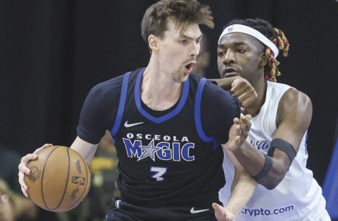 Osceola Magic center Colin Castleton, out much of the season with an injury, is rounding into form just in time for the NBA G League playoffs. He tallied 27 points and 15 rebounds in the final regular-season home game Saturday, a win over the Delaware Blue Coats. (Photo/Taylor McFee)