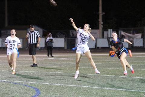 Celebration junior quarterback Isabel Meadows, shown in last week's win over West Orange, has helped lead the Storm to a 6-0 start heading into next week's OBC flag football tournament. (Photo/Michelle Kostuch)