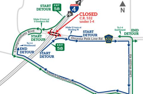 Local roads will be used for detours around a closure of Championsgate Boulevard underneath I-4 for much of the month of March. (Graphic/FDOT)
