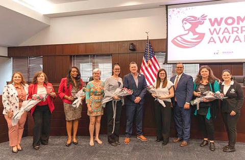 The Osceola County Commission Monday honored five more Women Warriors for their community efforts as part of an annual tradition. From left: Margarita Soto, Christina Morris, Nicole DeGennaro, Kelly Trace and Bettina Grzeskowiak. (Photo/Osceola County)
