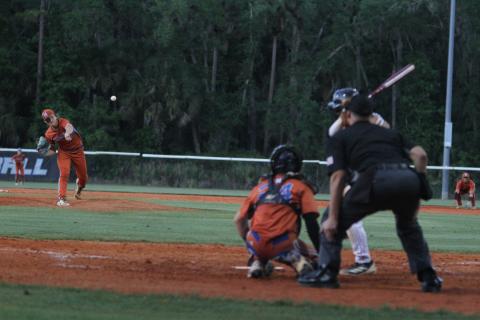 Harmony's Trevin Bean held St. Cloud hitters at bay, striking out seven in six innings in the Longhorns' 8-1 victory in Friday's OBC championship game. (Photo/Michelle Kostuch)
