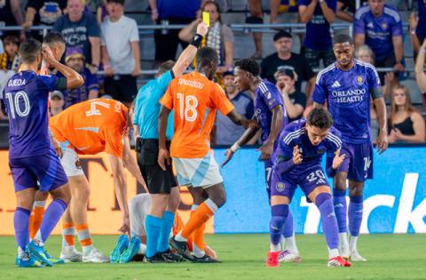 Eduard Atuesta's frustrations at drawing a yellow card mimic Orlando City's during 1-0 loss to the Houston Dynamo Saturday. (Photo/Mario Casamalhuapa)