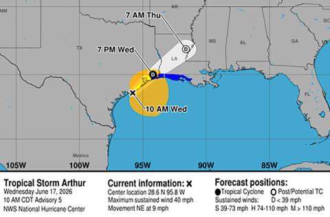 Short-lived Tropical Storm Arthur formed east of Texas on June 17 and brought rain to Texas and Louisiana the next day. (Graphic/NHC)