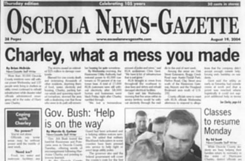 The front page of the Aug. 19, 2004 Osceola News-Gazette in the wake of Hurricane Charley (UF Archives)