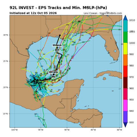 The initial GFS ensemble computer models on Invest 92L, which is percolating in the Bay of Campeche. (Graphic/Tropical Tidbits)