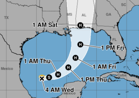 The first hurricane of the 2026 Atlantic storm season, Isaias, is expected to affect the northern Gulf Coast by the end of the week. (Graphic/NHC)