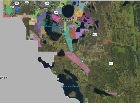 This map shows where an aerial contractor is scheduled to spray for mosquitoes from Thursday through Sunday. (Map/Osceola County)