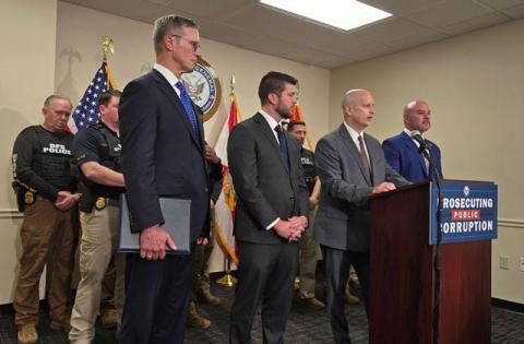 FDLE head Larry Keefe, Florida Attorney General James Uthmeier, FDLE Public Integrity Unit Special Prosecutor Rich Mantei and Chief Financial Officer Blaise Ingoglia explain the back story of the charges against Kissimmee Mayor Jackie Espinosa at a Wednesday press conference. (Photo/Ken Jackson)