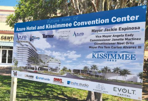A sign, harkening the coming Azure hotel and convention center project, now sits outside the Kissimmee Civic Center, which the project will replace. (Photo/City of Kissimmee)