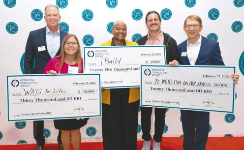 Top three finalists from the 2025 Victory Cup Initiative Showcase. From left: Resource Consulting Group President Gregg Biro, Ways for Life Founder Pamela Bress, iBuild Program Coordinator Caffee Bellamy, To Write Love on Her Arms Director of Outreach Chad Moses, and Resource Consulting Group Wealth Advisor Mike Maser. (Photo/Victory Cup)