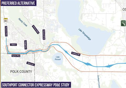 The Central Florida Expressway Authority has approved a preferred route for the Southport Connector expressway through Poinciana, including a controversial portion down the middle of Cypress Parkway. (Graphic/CFX)