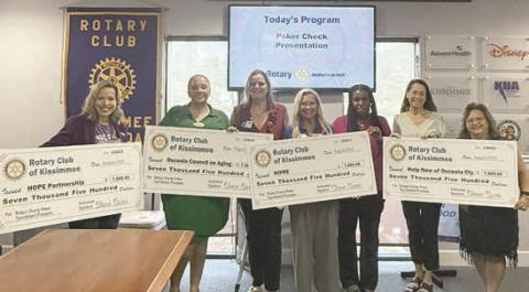 From left, Mary Downey, Hope Partnership, Michelle Vega Osceola Council on Aging, Rotary President Jean Cunningham, Poker Tournament Chair Marcy Theobald. Kyra Lynch, Home ,Lorraine Kennedy &amp; Tammy Douglas, Help Now. (Photo/Kissimmee Rotary)