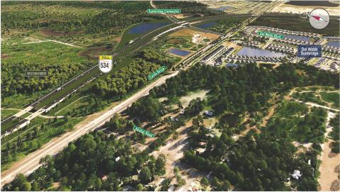 Three wildlife underpasses, circled in orange, are part of the design for the section of State Road 534 Phase 2 through the Split Oak Forest. Underpasses are especially effective for terrestrial species such as deer, foxes, and smaller mammals, as well as amphibians and reptiles. (Graphic/CFX)