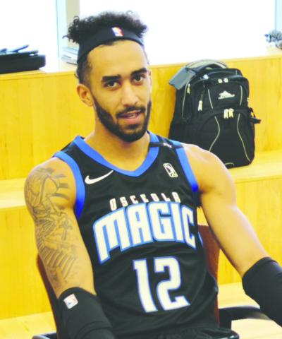 Trevelin Queen answers questions during the Osceola Magic’s annual Media Day on Monday at the Kia Center. Queen returns for his second season with Osceola, after averaging 22.3 points per game last season, 9th best in the league. PHOTO/J. DANIEL PEARSON