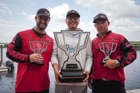 PDS Equipment’s Steve Weist, Christian Bellomo and Trevor Bates won the ICAST kickoff event on Lake Toho. PHOTO/ICAST