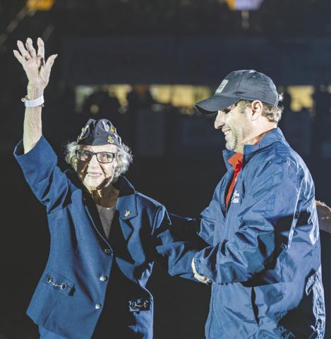 Navy veteran Pat Rudd, left, during World War II (Photo/Rudd Family) and being honored for her contributions at a recent Silver Spurs Rodeo (Photo/Taylor McFee).