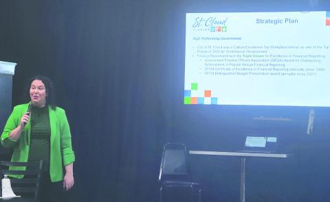 St. Cloud City Manager Veronica Miller showed some of the city’s strategic plan at the season’s final Breakfast with the Pros Tuesday. (Photo/Ken Jackson)